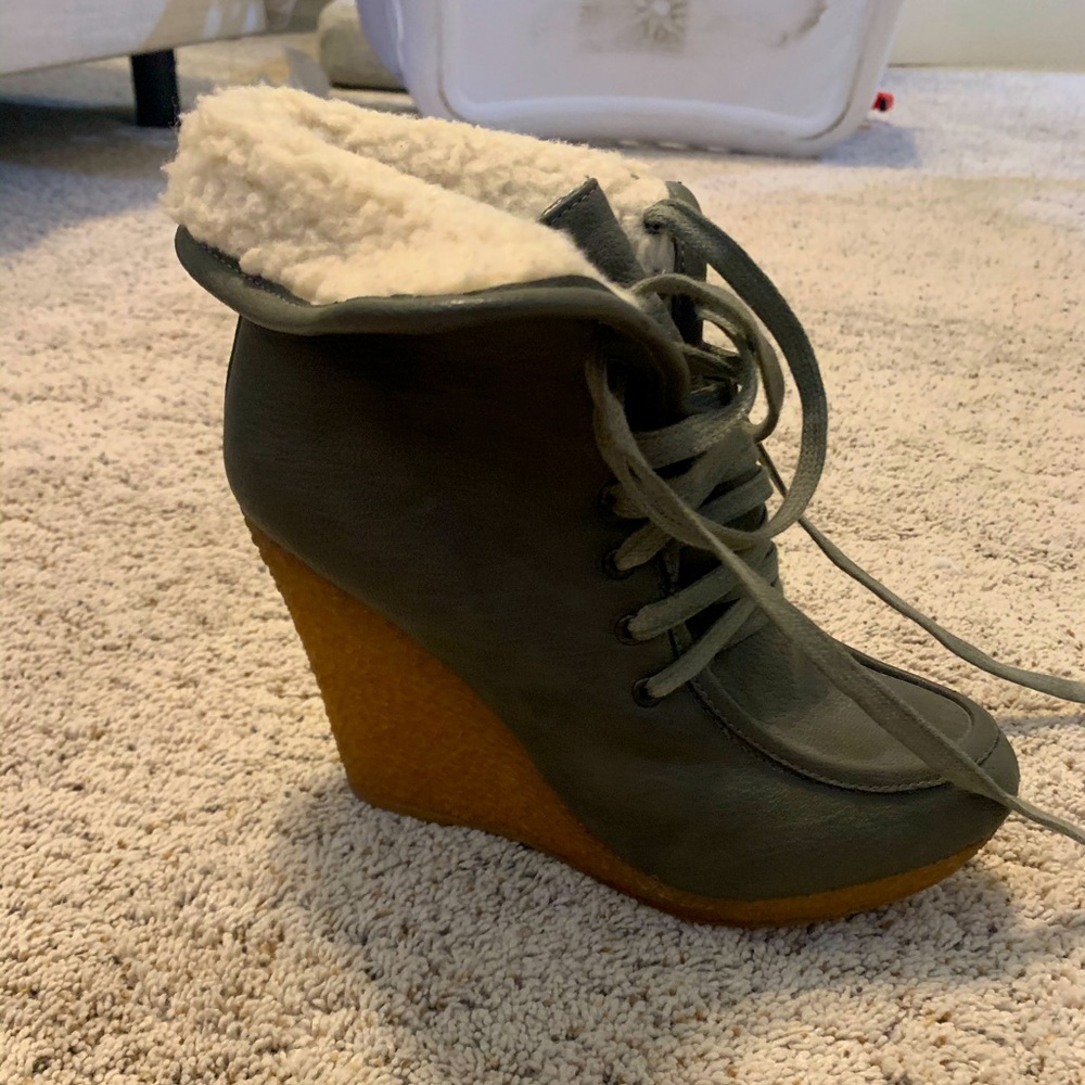 Army green wedge booties and gummy sole